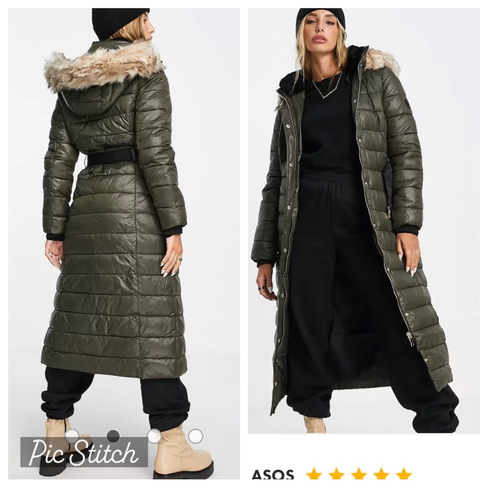 RIVER ISLAND longline padded jacket with faux fur hood in khaki